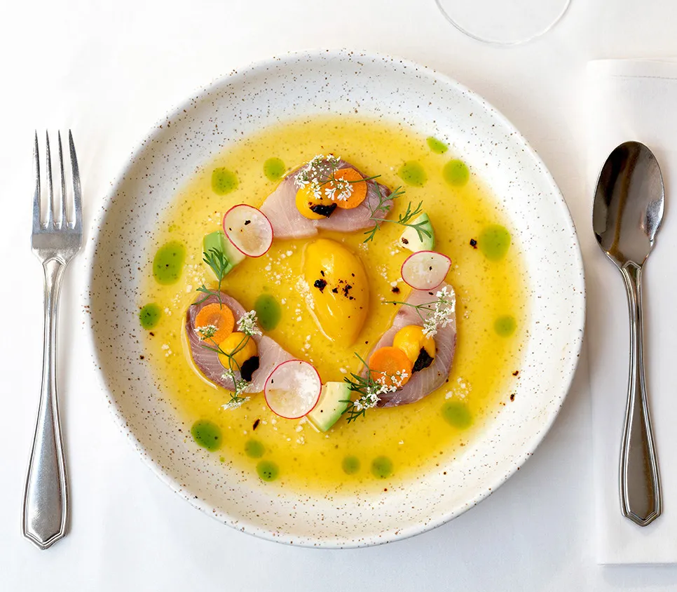 Kingfisch Crudo angerichtet als Tellergericht mit einem Glas Weißwein im Fine Dining Restaurant Chesa Rössli in Münster